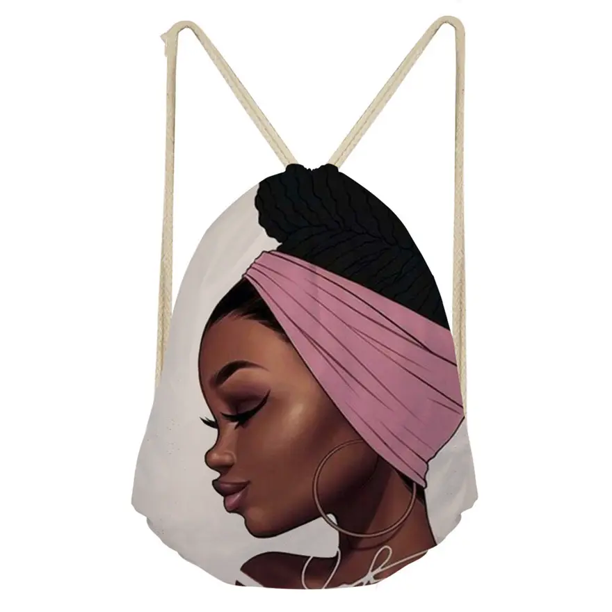 Afro Girls Print Drawstring Bag Women Travel Bag Teenager Brown Girl Backpack Fashion Storage Bags