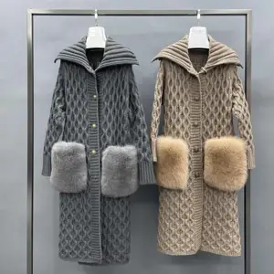 Lớn ve áo túi lông có thể tháo rời trên đầu gối dài áo len Chunky phụ nữ cardigan và Hàng dệt kim