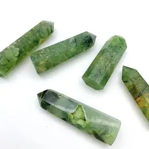 Fengshui Wholesale Gemstone Wands Crafts Natural Green Prehnite Point Tower Healing Quartz Crystal Point