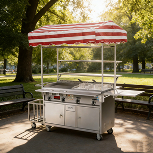 Chariot de nourriture mobile convertible à 4 roues en acier inoxydable pour usage extérieur, résistant à la rouille, avec grill intégré, chauffage intégré, garantie de 2 ans - Product Image 2