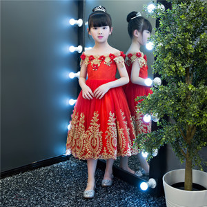E2woo Nuevo Vestido Largo de Fiesta para Niñas, con Bordado de Flores Rojas, Estilo Princesa, de Un Solo Hombro, para Primavera y Verano - Product Image 3