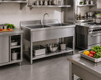 Évier double en acier inoxydable robuste avec étagère inférieure pour cuisine de restaurant commercial