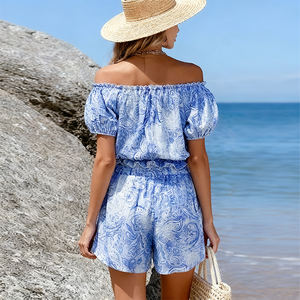 Completo da donna due pezzi per vacanze: top e shorts, casual da spiaggia, comodo e versatile, due modi <span class=keywords><strong>di</strong></span> indossare, plissettato, personalizzabile S-2XL, blu - Product Image 5