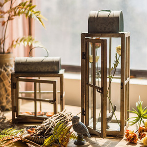 <span class=keywords><strong>Bougeoir</strong></span> en fer <span class=keywords><strong>Art</strong></span> déco rétro avec lanterne en bois et verre pour la décoration intérieure dans le jardin, la cour et la lampe à vent nostalgique - Product Image 4
