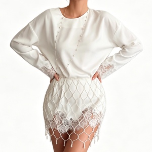 Women's Solid Color Lace Trim Asymmetrical Hem Long <strong>Sleeve</strong> <strong>Blouse</strong> Shirt <strong>Without</strong> Pearl Chain Skirt Sehe Fashion - Product Image 3