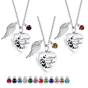 Kalung Baja Anti Karat Logo Kustom Gaya Baru dengan Liontin Sayap Malaikat dan Hati untuk Abu Kremasi, Kalung Kenangan dengan Liontin Batu Kelahiran - Product Image 2
