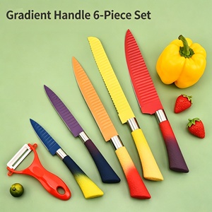 Ensemble de 6 couteaux de cuisine antiadhésifs colorés, lames en acier inoxydable, manche antidérapant en PP, avec éplucheur, boîte colorée pour la vente en supermarché - Product Image 5