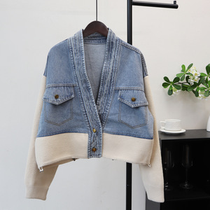 New <strong>Spring</strong> Fall Vintage Unique Color Block Lady Washed Button Long Sleeve Denim Coat <strong>Jacket</strong> Patchwork Sweater <strong>Women</strong> Jeans <strong>Jacket</strong> - Product Image 2
