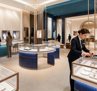 Vitrine à bijoux incurvée de luxe, bleu marine, base cannelée, cadre en métal rose gold |   Vitrine en verre avec éclairage LED |   Personnalisable