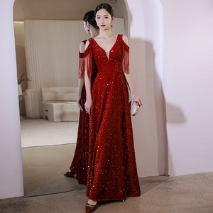 Vestido de Noche Elegante con Lentejuelas para Mujer, Color Vino Tinto, para Boda, Compromiso, Otoño, Talla Grande - Product Image 4