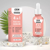 OEM/ODM Essence liquide anti-âge blanchissante 4-en-1, contient 30% de vitamine C, 5% de nicotinamide et 10% de vitamine E pour les soins du visage