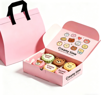 Ensemble de sacs cadeaux et boîtes à biscuits écologiques biodégradables roses, emballage de pâtisserie mignon avec poignée en ruban noir