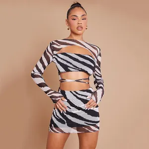 Custom Vrouwen Tweedelige Rok Set Zomer Sexy Zebra Print Mesh Uitgesneden Voorkant Lange Mouwen Top Mini Rok 2 Delige Outfits