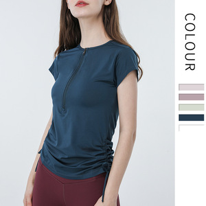 T-shirt de yoga pour femme à demi-zip avec cordon de serrage latéral et fronces, respirant, à manches courtes, séchage rapide, pour l'entraînement, la course et le sport - Product Image 1
