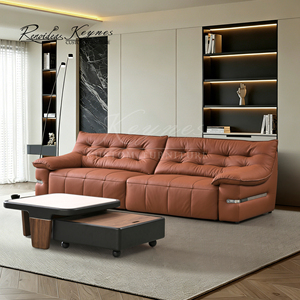 Canapé inclinable 3 places en cuir véritable Keynes, dossier capitonné, accoudoirs rembourrés, structure en bois massif, inclinaison manuelle, mobilier de salon - Product Image 1