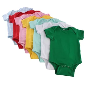 定制0-24个月男女通用新生儿服装连体衣短袖纯色空白素棉男童女童连体衣