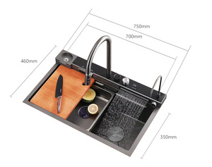 Lavello da Cucina Rettangolare OEM ODM in Acciaio Inox 304 Fatto a Mano, Stile Rustico, da Incasso, Superficie Spazzolata, con Cascata Intelligente - Product Image 2