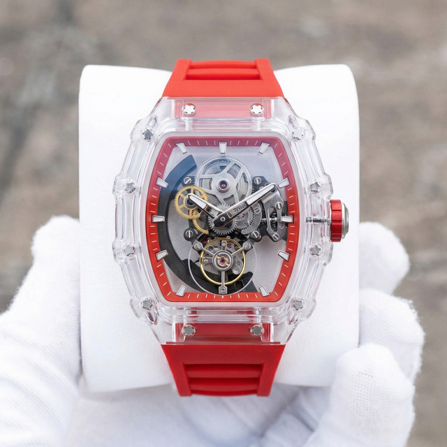OEM Customize brand Logo High-end Skeleton Transparent Acrylic Watch Luxury Automatic Mechanical Rubber Wristwatch for Men