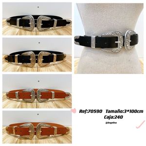 Cintura in vera pelle 3x100 cm con doppia fibbia in stile western, accessorio moda per uomo e donna - Product Image 1