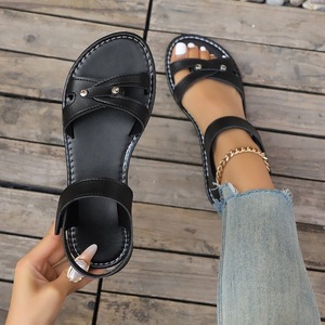Women Cross <b>Strap</b> <b>Flat</b> Sandals Hook & Loop <b>Ankle</b> <b>Strap</b> Open Toe Rivet Decor Summer Casual Ladies <b>Shoes</b> - Product Image 5