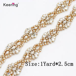 Yeux de cheval et perles rondes en forme de bande perles de verre ruban cristal strass Hot Fix Patch Applique avec chaîne en métal doré rose - Product Image 3