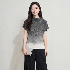 PY Korean Style Casual Slim Fit Pleated Eco-Friendly Women's Geometric Pattern Print Stand Collar Short Sleeve Blouse 100% - Product Image 2