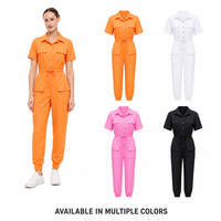 Combinaison de travail pour femmes OEM à manches courtes, col chemise, boutons sur le devant, taille à cordon de serrage, poches à rabat, uniforme pour hôpital, entretien ménager, spa