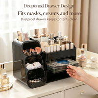 Boîte de rangement cosmétique de bureau grande capacité, multi-compartiments, pour le rangement des soins de la peau, avec gobelet amovible pour pinceaux de maquillage