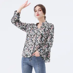नई डिजाइन लालटेन आस्तीन महिला कार्यालय काली पुष्प शर्ट शीर्ष लेडी लंबी आस्तीन
