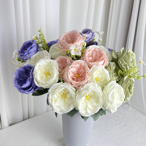 Bouquet de fleurs artificielles Hibiscus Rose à 9 têtes, série violette européenne Suzume II, 45 cm, pour mariage, décoration intérieure et accessoires de photographie - Product Image 1