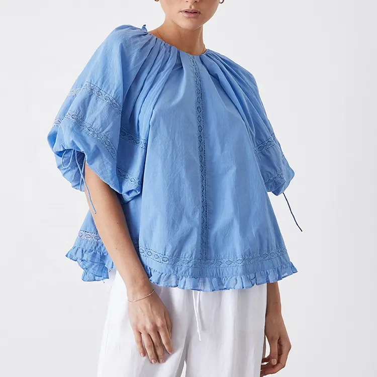 Oversized Short Sleeves Pin-Tuck Detail Contrast Ruffles Sexy Low open back Pure Cotton Ladies Blouse