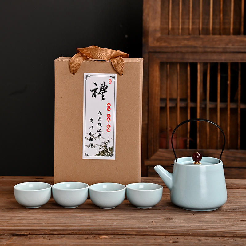 Ru ware teapot with handle and four cups