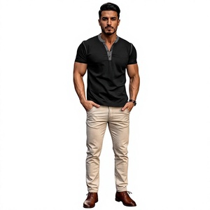 Manufacturer Men t <b>Shirt</b> Cotton Blank Short Sleeve V Neck Button Vintage Button-up Pocket Casual Henry Logo T-<b>shirt</b> for men - Product Image 1