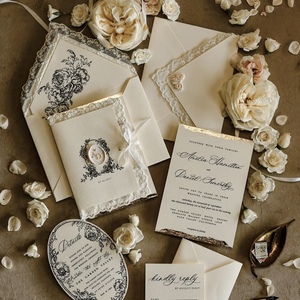 Invitación de Boda de Lujo Personalizada con Encaje, Papel Hecho a Mano con Borde Rústico, Impresión Tipográfica y Relieve - Product Image 1