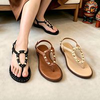 Sandales plates tendance pour femmes à bout fendu avec pierres et perles, confortables, antidérapantes, à boucle réglable, chaussures d'extérieur pour femmes
