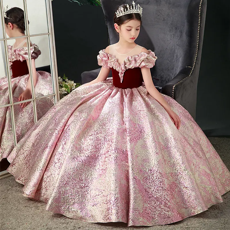 Robe de soirée de mariage rose en dentelle pour fille de fleur robe de soirée d'anniversaire de princesse brodée vintage pour enfant