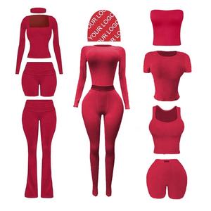 เสื้อกล้ามผ้าคอตตอนริบคุณภาพสูงสำหรับผู้หญิง ฤดูใบไม้ร่วง 2024 สีแดง แขนสั้น พร้อมเลกกิ้ง ระบายอากาศได้ดี ชุด 2 ชิ้น รับผลิตตามสั่ง ขายส่ง-ชุดลำลอง - Product Image 1