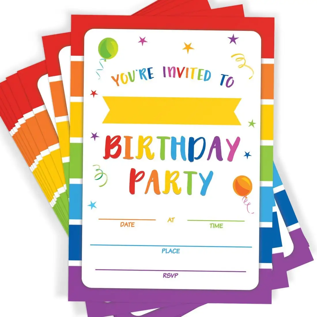 Carte de remplissage personnalisée multicolore confettis arc-en-ciel thème invitation à un joyeux anniversaire avec enveloppe