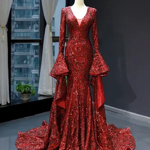 制造商制造红线蕾丝闪亮优雅马克西v领美人鱼袖子婚纱
