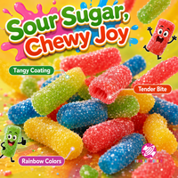 Groothandel op maat gemaakte mini zure gummy stick snoepjes met suikerzandlaag, fruit smaak, kauwbaar, zacht gelei snoep, kinderfeestjes snacks