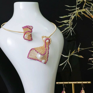 Handcrafted 14K Gold Filled Mesh Choker <b>Necklace</b> Natural Baroque Pearl & <b>Ruby</b> Handmade Women Jewelry for manufacture - Product Image 2