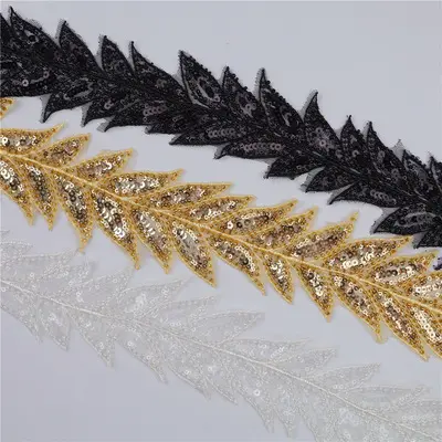 Vier Kleuren Optionele Hand-Made Kralen Bruiloft Accessoires Zware Industrie Goud En Zilveren Bladeren Kralen Sequin Lace Trim