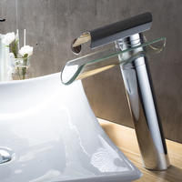 Robinet de salle de bain en laiton à bec en verre, monotrou, à capteur sans contact, monocommande, avec cartouche céramique, finition polie, style cascade moderne, pour chambre
