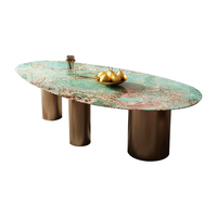 Ensemble de table à manger elliptique de luxe en acier inoxydable et marbre avec chaises, design moderne, utilisation hôtelière, taille personnalisable