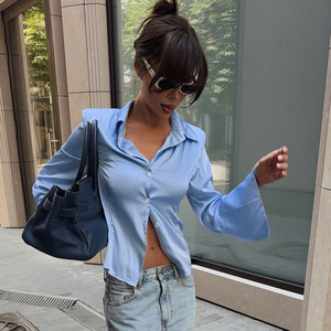 Blusa Elegante de Satén de Manga Larga con Cuello Solapa, Dobladillo con Puños, Ajuste Ceñido, Botones Delanteros, Teñido Liso, Ligera para Oficina, para Mujer - Product Image 5