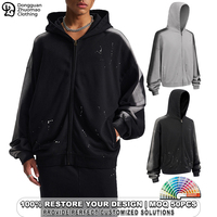 Sweat à capuche zippé surdimensionné pour homme, coupe décontractée, effet délavé vintage, dégradé vieilli, épaules tombantes, style streetwear