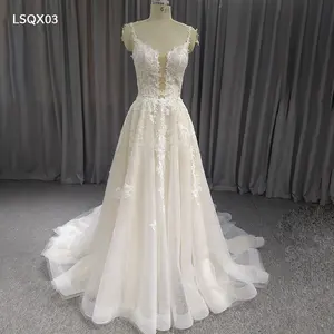Jancember LSQX03 레이스 자수 간단한 숙녀 진짜 그림 라인 웨딩 드레스