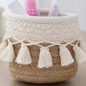 Panier de rangement en <span class=keywords><strong>corde</strong></span> de coton bicolore, petit organisateur tissé en macramé avec franges pour la chambre de bébé, le bureau, les articles divers et les outils de maquillage - Product Image 1