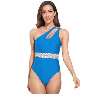 Traje de baño de una pieza con un solo hombro para mujer, traje de baño elástico de diseño asimétrico azul para natación y deportes acuáticos - Product Image 5