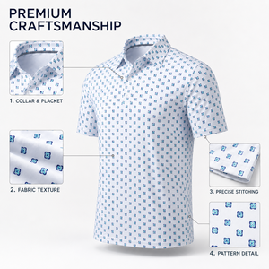 Polos de Golf Personalizados para Hombre, Blancos con Patrón Geométrico Azul, Manga Corta, Marca Privada, Fabricante OEM ODM - Product Image 2